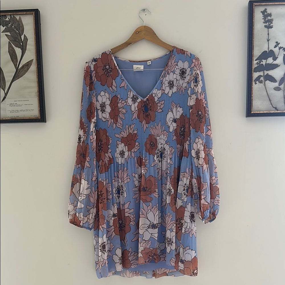 Wilfred Blue and Brown V-Neck Sundress with Bishop Sleeves